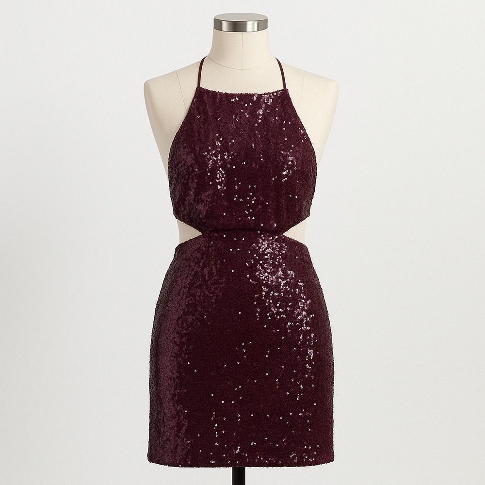 Aakaa Sequin Mini Dress Womens Medium Halter Cut Out‎ Party Cocktail Burgundy